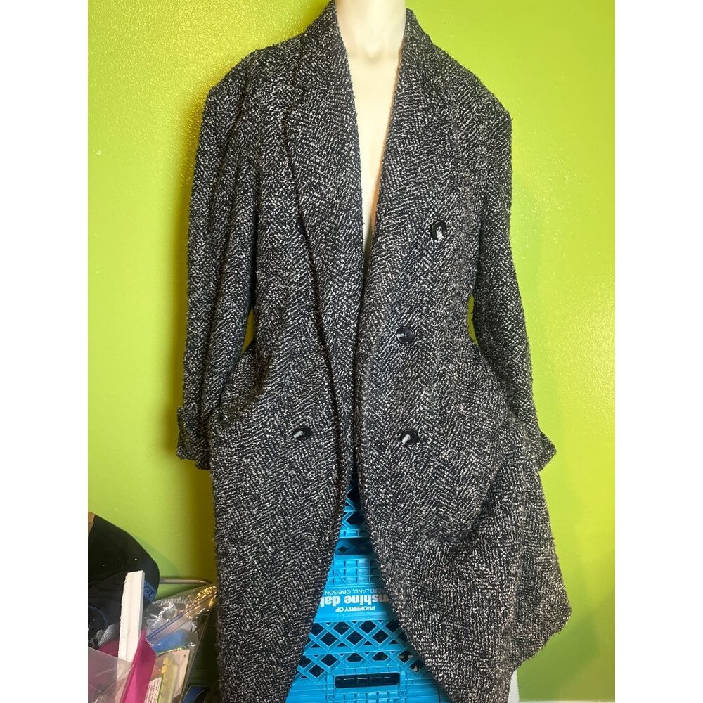 American Male Tweed Double-Breasted Long Coat Size 42 Black & White Wool Blend